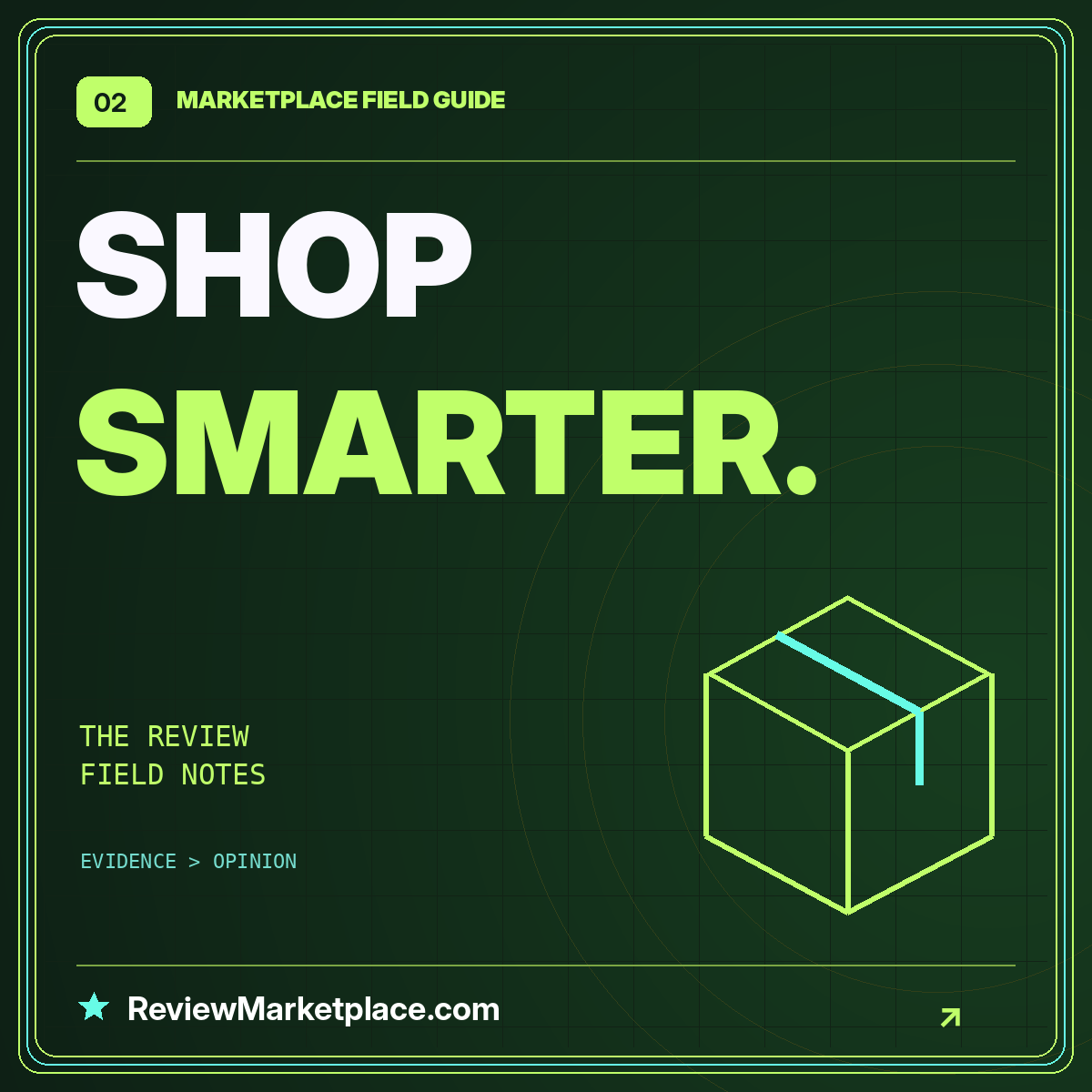 Neon typography card: SHOP SMARTER. — ReviewMarketplace.com