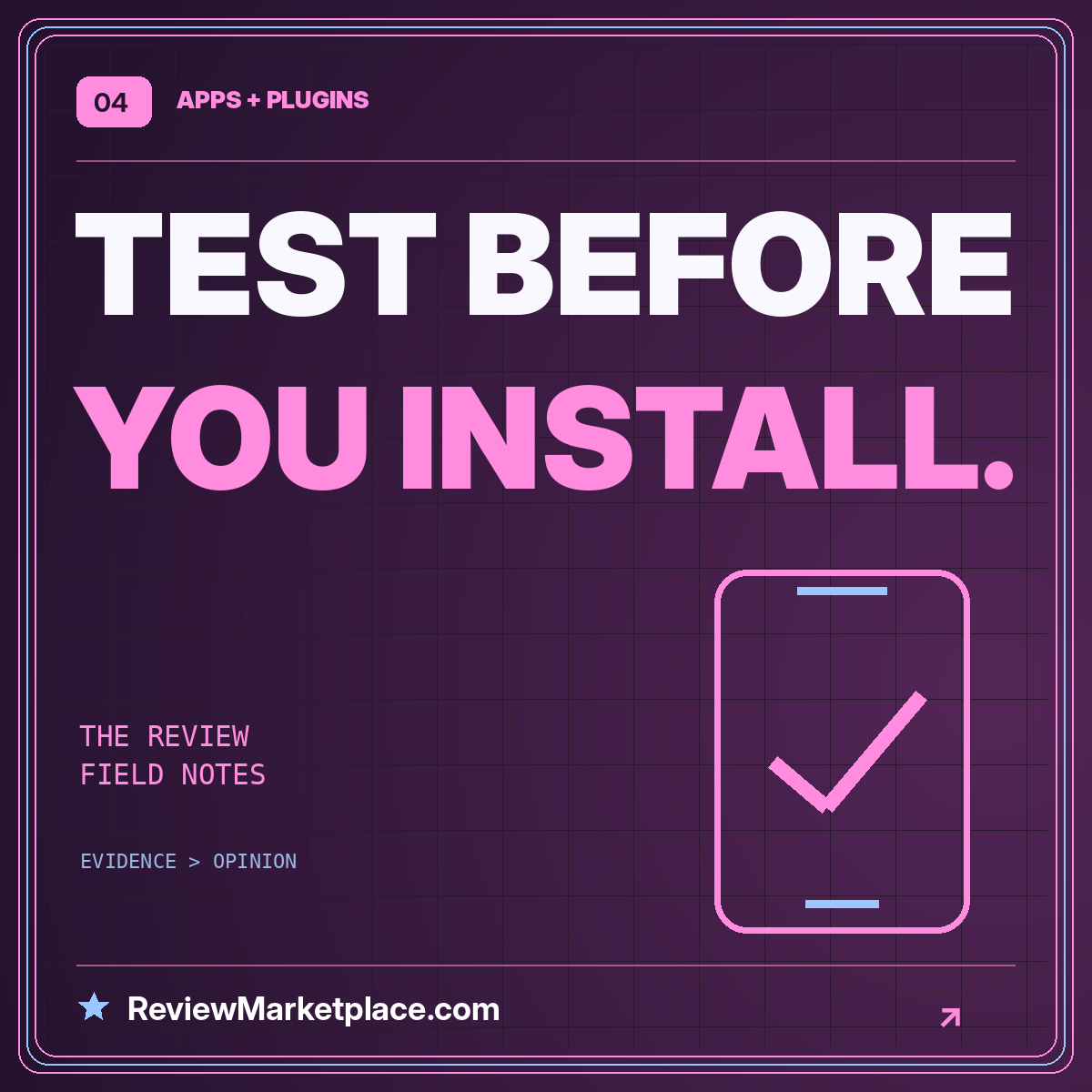 Neon typography card: TEST BEFORE YOU INSTALL. — ReviewMarketplace.com