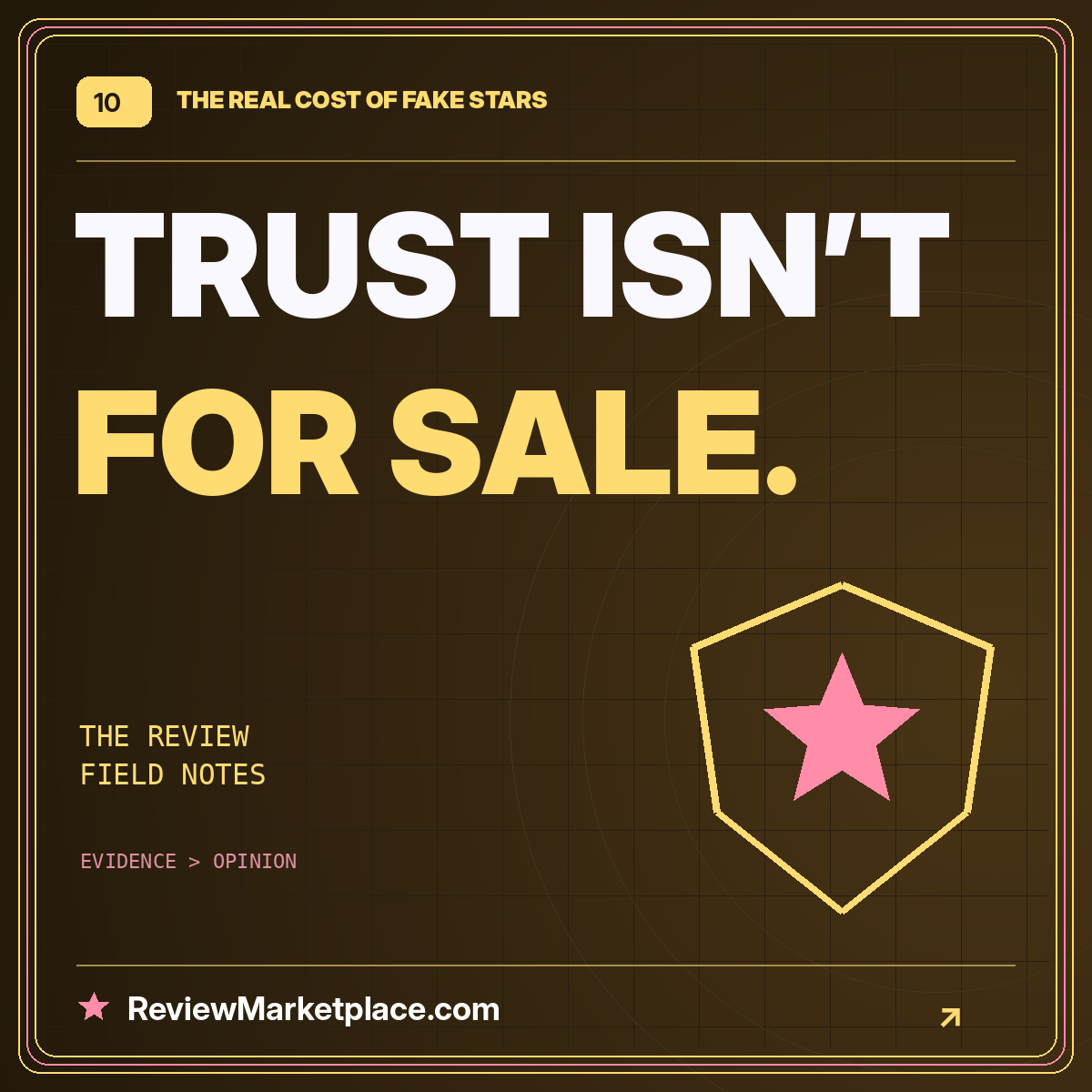 Neon typography card: TRUST ISN’T FOR SALE. — ReviewMarketplace.com