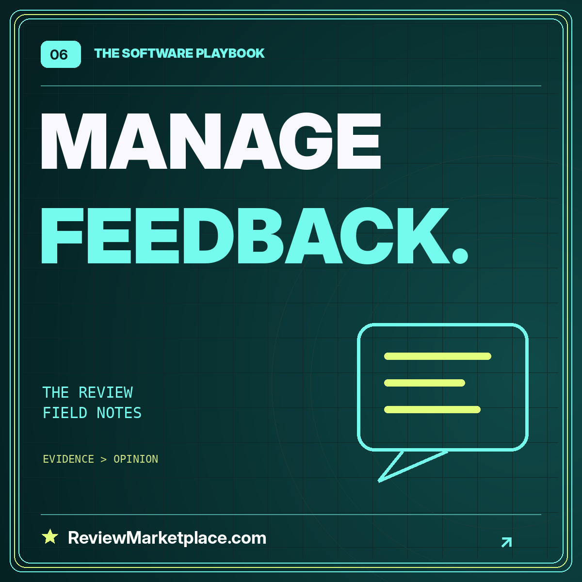Neon typography card: MANAGE FEEDBACK. — ReviewMarketplace.com