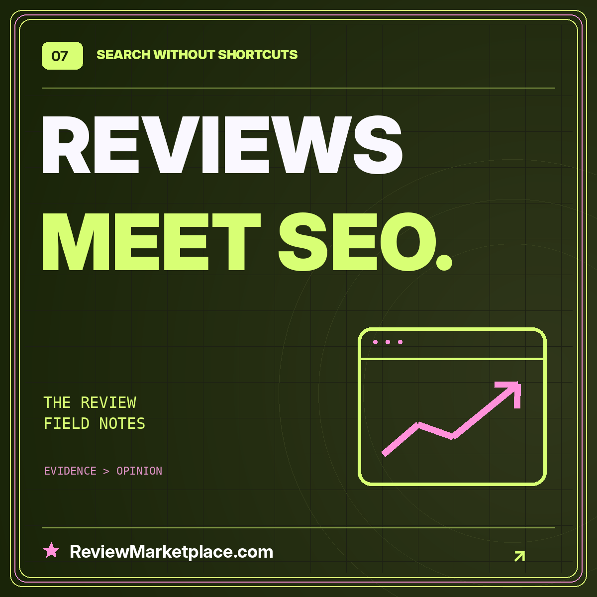 Neon typography card: REVIEWS MEET SEO. — ReviewMarketplace.com