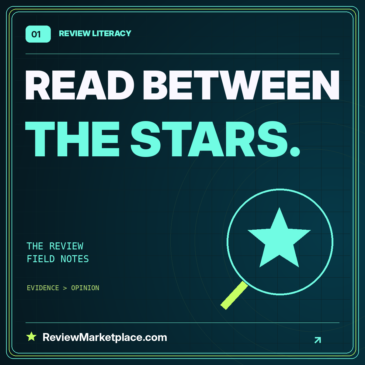 Neon typography card: READ BETWEEN THE STARS. — ReviewMarketplace.com