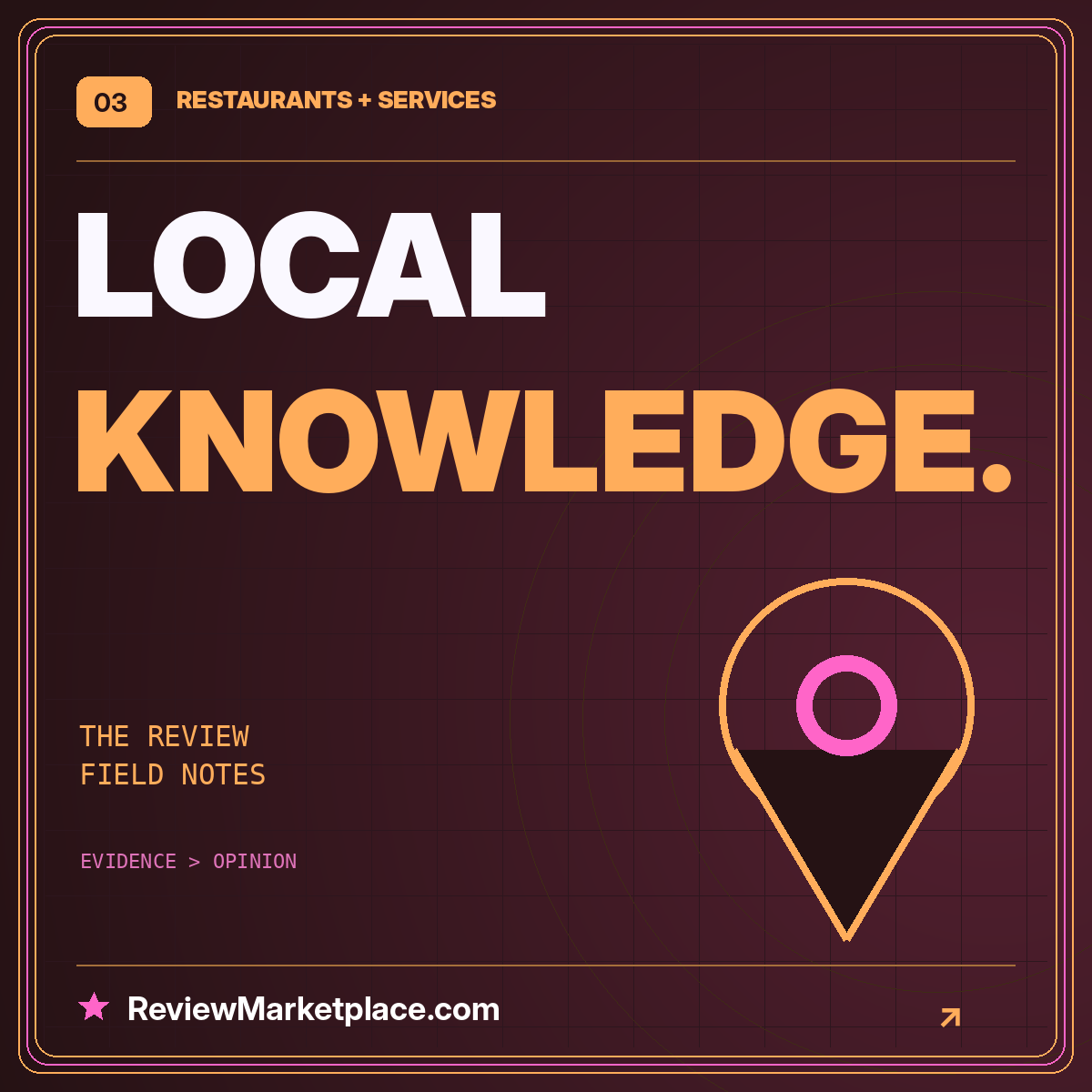 Neon typography card: LOCAL KNOWLEDGE. — ReviewMarketplace.com