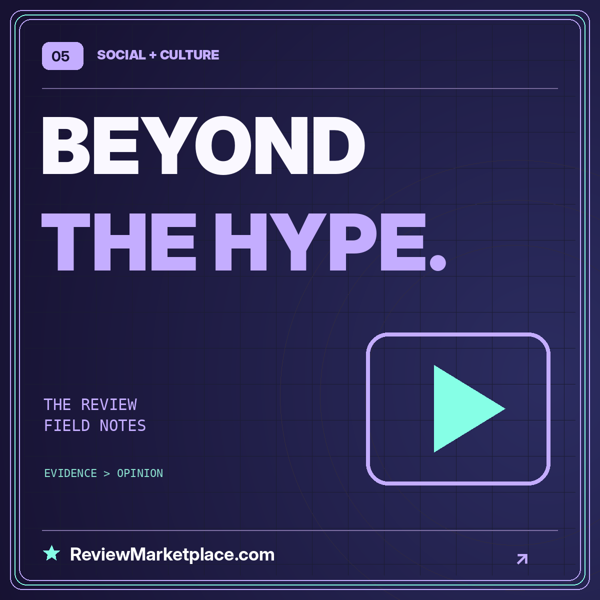 Neon typography card: BEYOND THE HYPE. — ReviewMarketplace.com